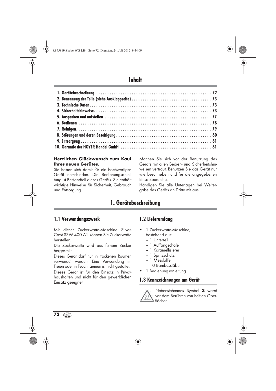 Inhalt, Gerätebeschreibung | Silvercrest SZW 400 A1 User Manual | Page 74 / 86