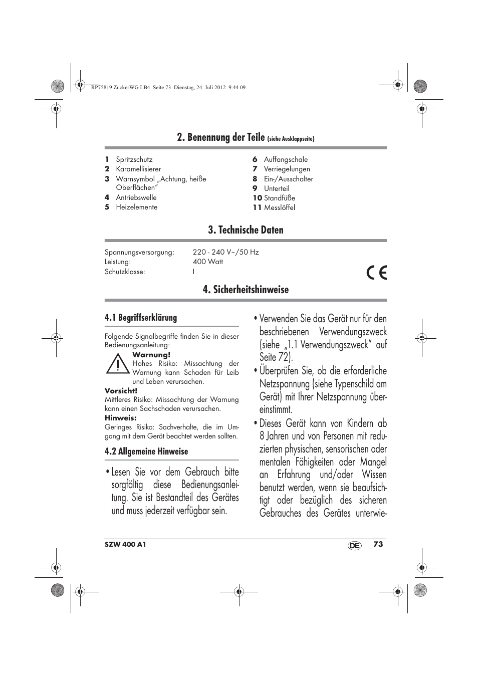 Benennung der teile, Technische daten, Sicherheitshinweise | Silvercrest SZW 400 A1 User Manual | Page 75 / 86