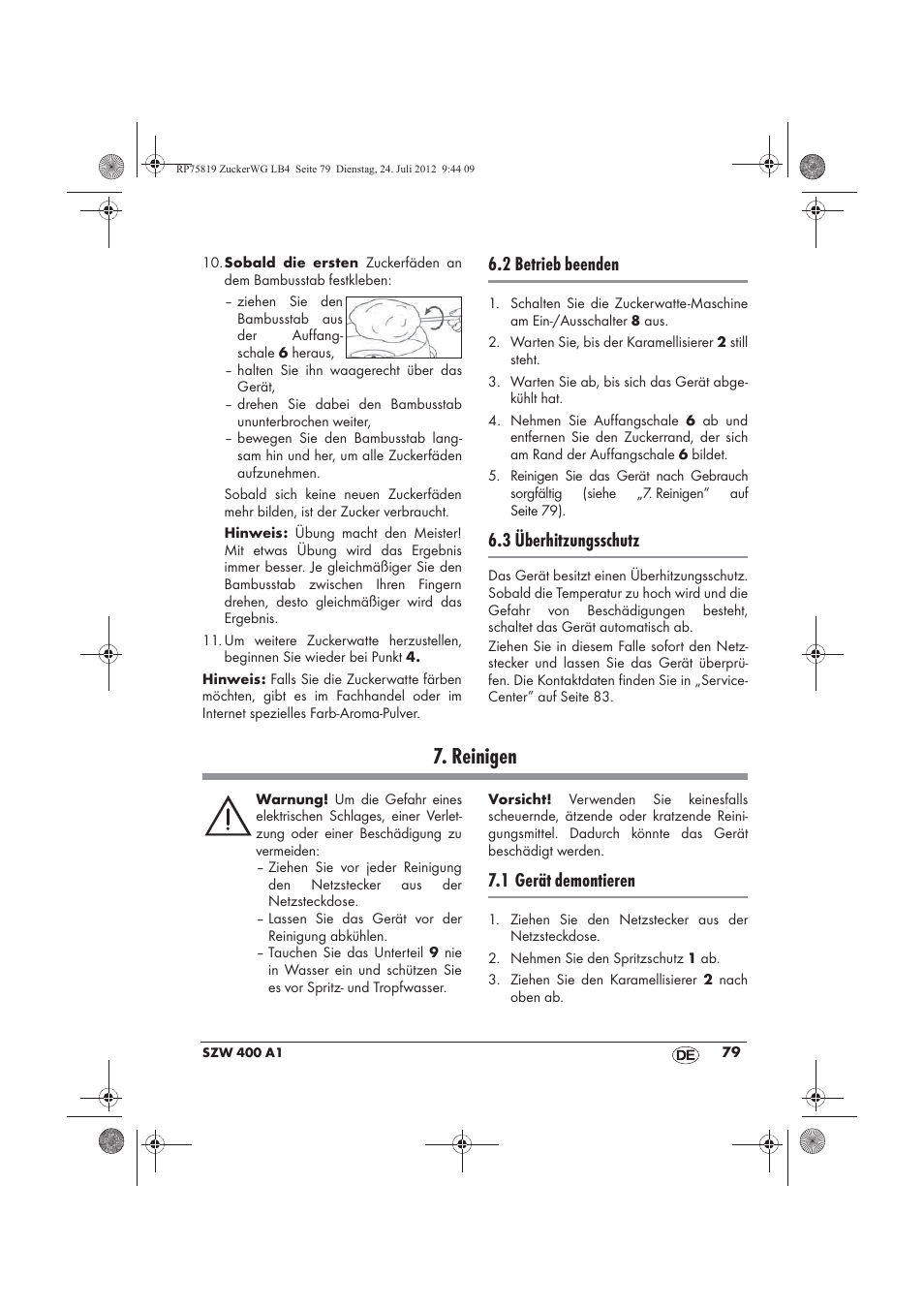 Reinigen, 2 betrieb beenden, 3 überhitzungsschutz | 1 gerät demontieren | Silvercrest SZW 400 A1 User Manual | Page 81 / 86