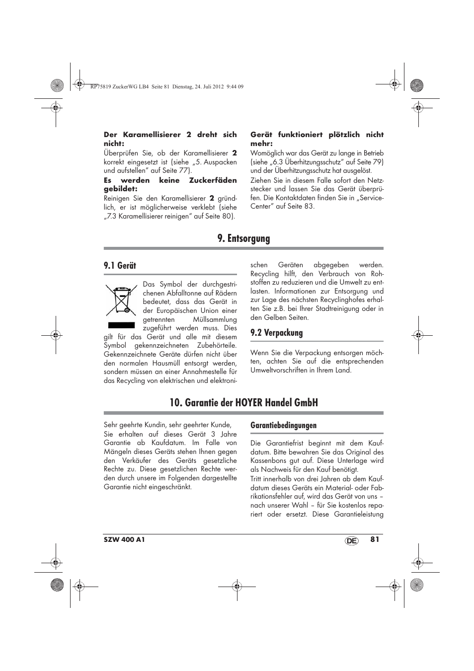 Entsorgung, Garantie der hoyer handel gmbh | Silvercrest SZW 400 A1 User Manual | Page 83 / 86