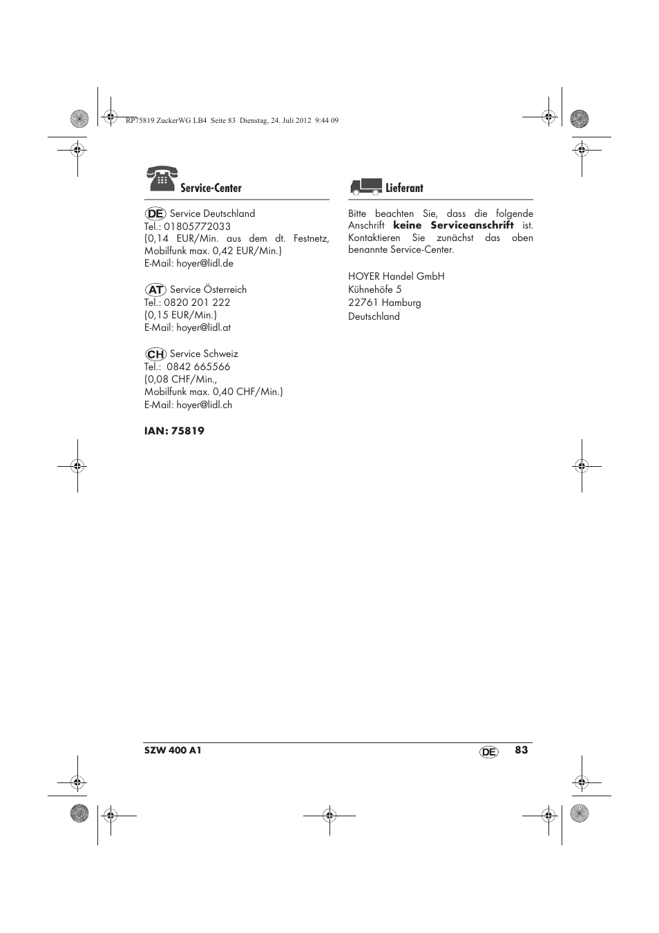 Service-center, Lieferant | Silvercrest SZW 400 A1 User Manual | Page 85 / 86