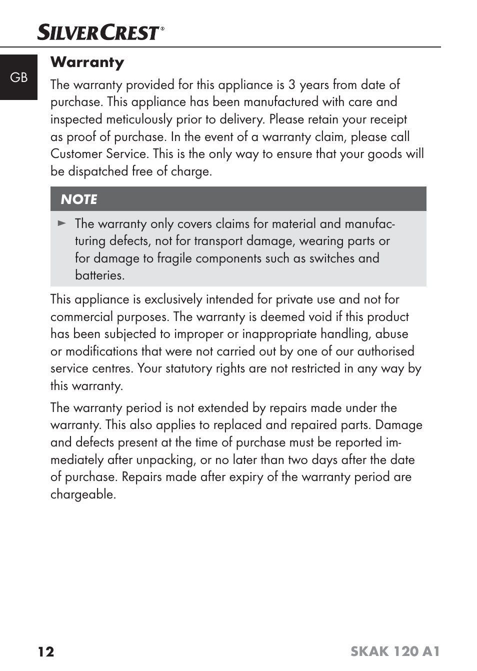 Warranty | Silvercrest SKAK 120 A1 User Manual | Page 15 / 73