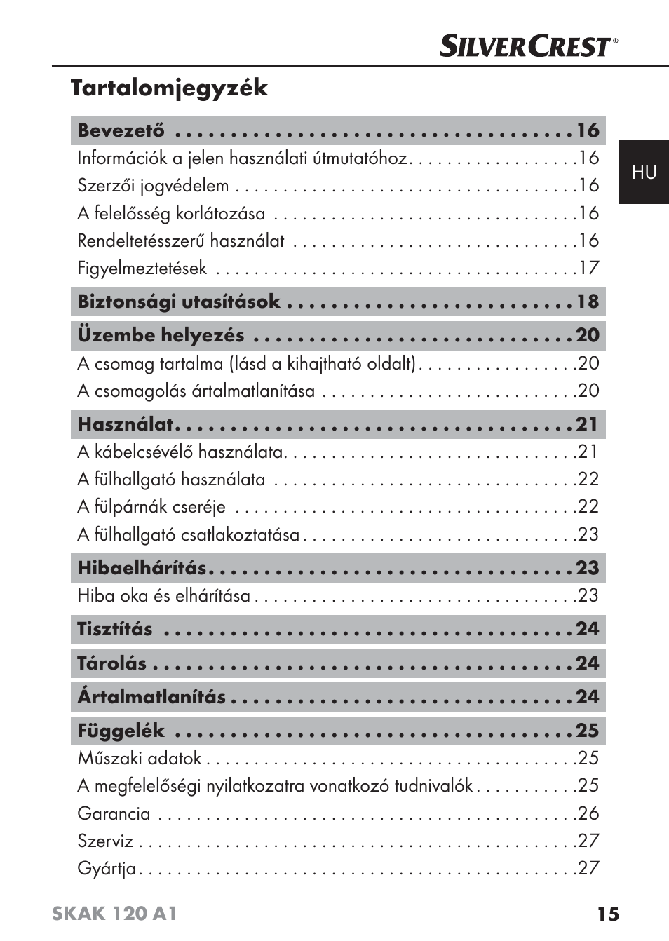 Tartalomjegyzék | Silvercrest SKAK 120 A1 User Manual | Page 18 / 73