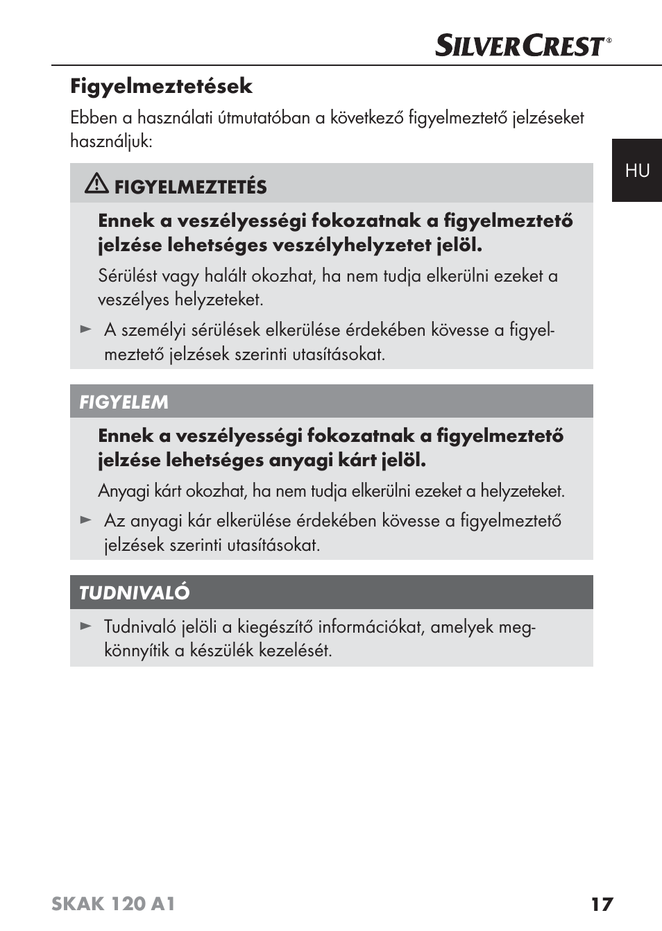 Figyelmeztetések | Silvercrest SKAK 120 A1 User Manual | Page 20 / 73