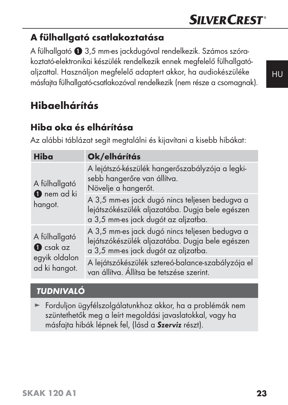 Hibaelhárítás | Silvercrest SKAK 120 A1 User Manual | Page 26 / 73