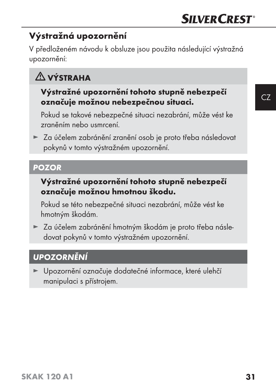 Výstražná upozornění | Silvercrest SKAK 120 A1 User Manual | Page 34 / 73
