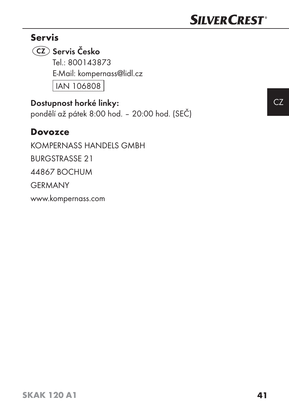 Servis, Dovozce | Silvercrest SKAK 120 A1 User Manual | Page 44 / 73