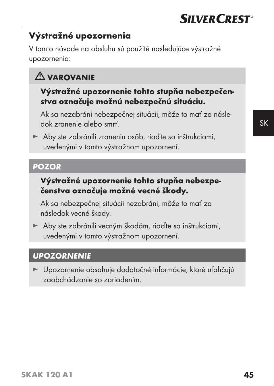 Výstražné upozornenia | Silvercrest SKAK 120 A1 User Manual | Page 48 / 73