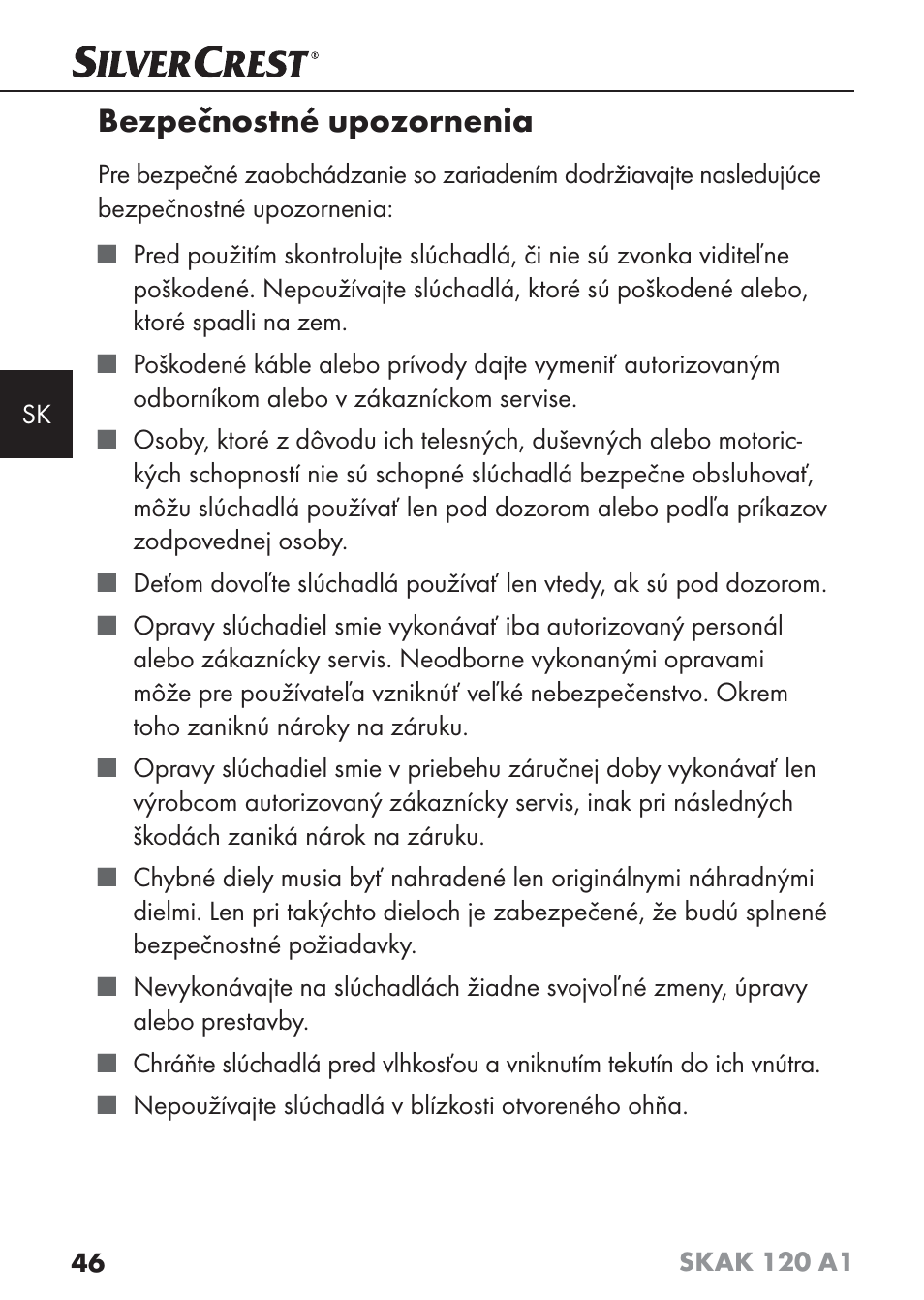 Bezpečnostné upozornenia | Silvercrest SKAK 120 A1 User Manual | Page 49 / 73