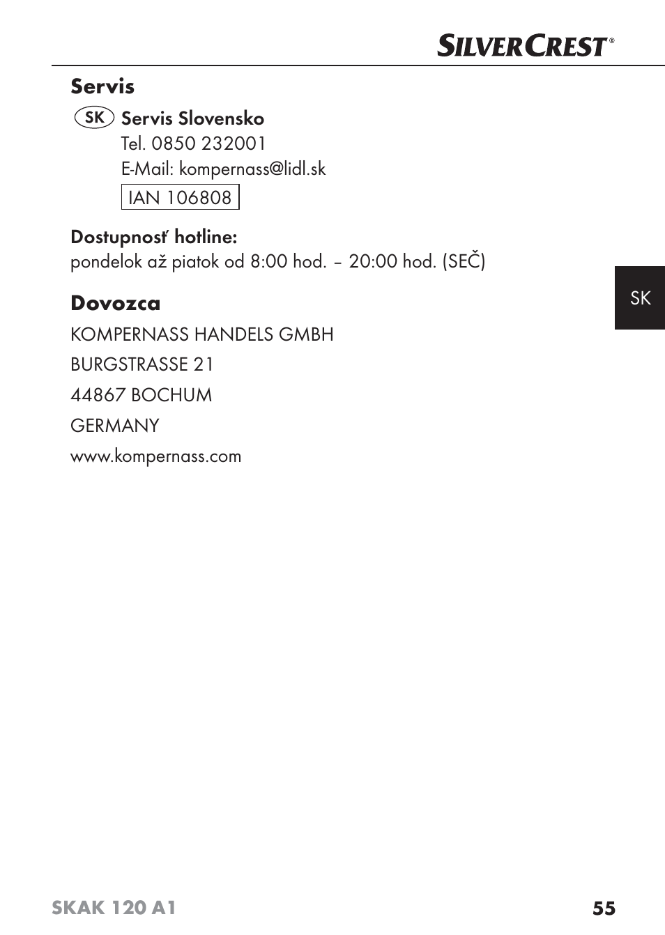 Servis, Dovozca | Silvercrest SKAK 120 A1 User Manual | Page 58 / 73