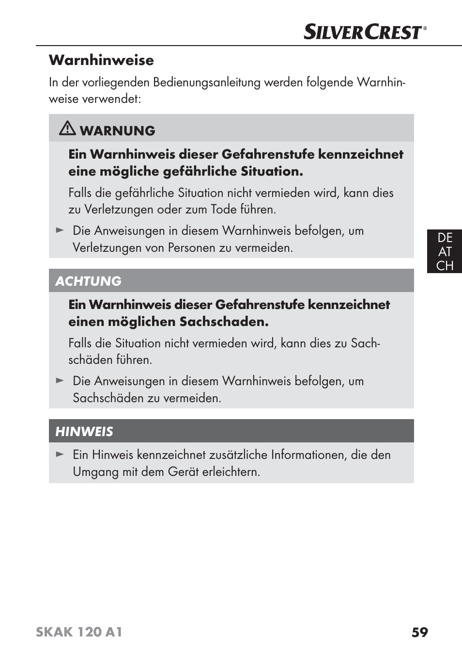 Warnhinweise | Silvercrest SKAK 120 A1 User Manual | Page 62 / 73