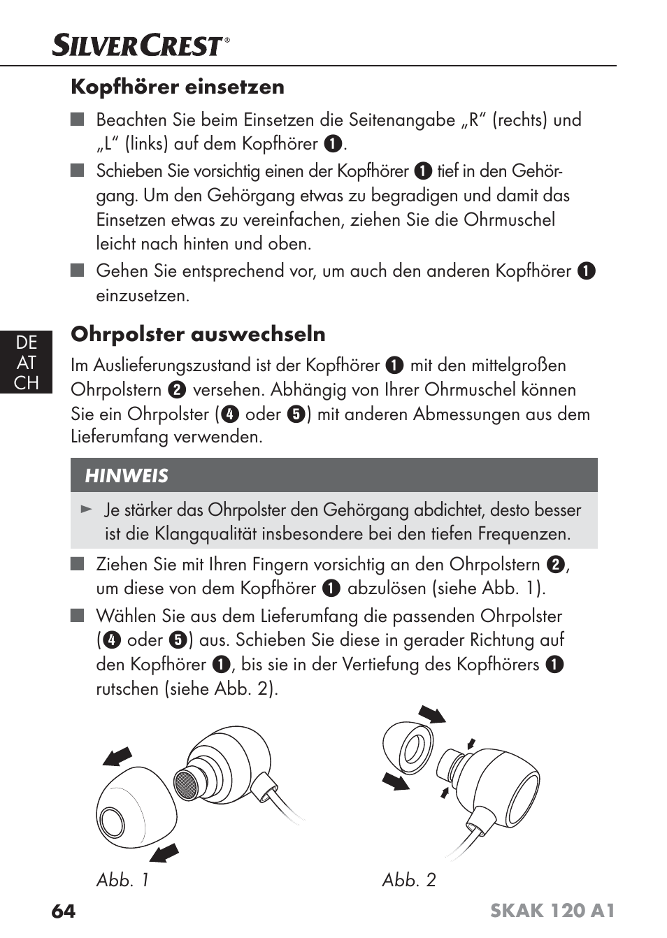 Kopfhörer einsetzen, Ohrpolster auswechseln | Silvercrest SKAK 120 A1 User Manual | Page 67 / 73