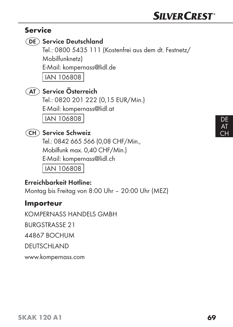 Service, Importeur | Silvercrest SKAK 120 A1 User Manual | Page 72 / 73