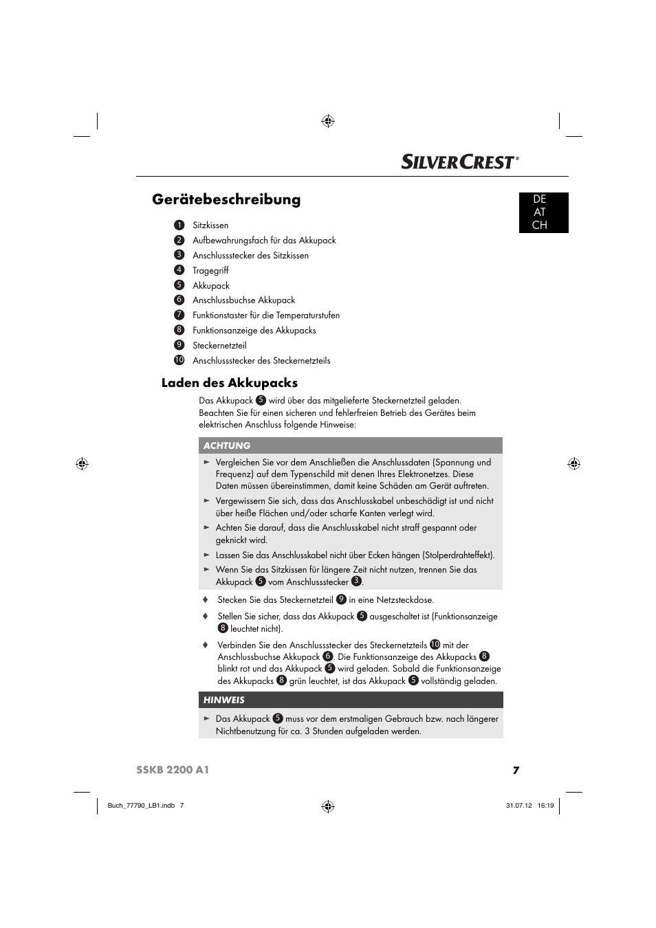 Gerätebeschreibung, Laden des akkupacks, De at ch | Silvercrest SSKB 2200 A1 User Manual | Page 10 / 64