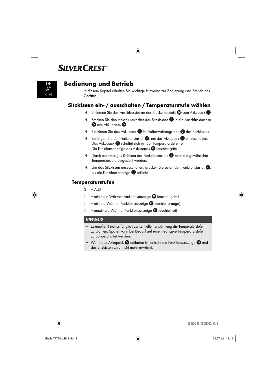 Bedienung und betrieb, De at ch, Temperaturstufen | Silvercrest SSKB 2200 A1 User Manual | Page 11 / 64
