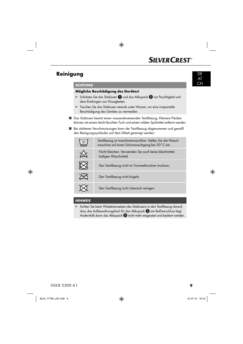 Reinigung, De at ch | Silvercrest SSKB 2200 A1 User Manual | Page 12 / 64