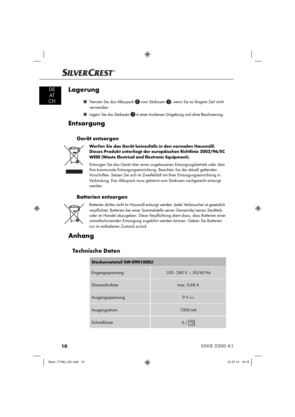 Lagerung, Entsorgung, Anhang | Technische daten, De at ch, Gerät entsorgen, Batterien entsorgen | Silvercrest SSKB 2200 A1 User Manual | Page 13 / 64