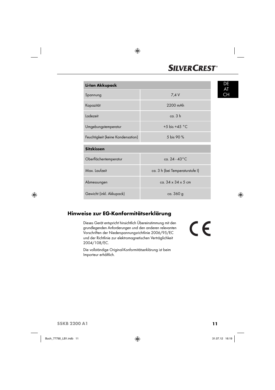 Hinweise zur eg-konformitätserklärung, De at ch | Silvercrest SSKB 2200 A1 User Manual | Page 14 / 64