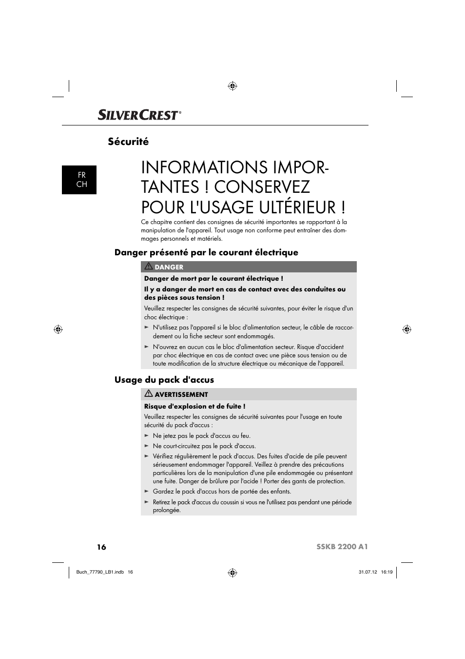Sécurité, Danger présenté par le courant électrique, Usage du pack d'accus | Fr ch | Silvercrest SSKB 2200 A1 User Manual | Page 19 / 64