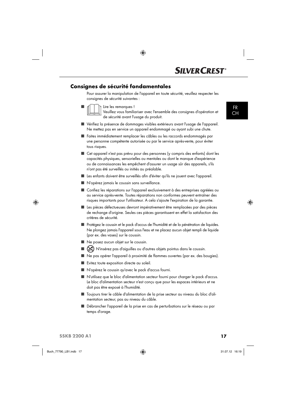 Consignes de sécurité fondamentales, Fr ch | Silvercrest SSKB 2200 A1 User Manual | Page 20 / 64