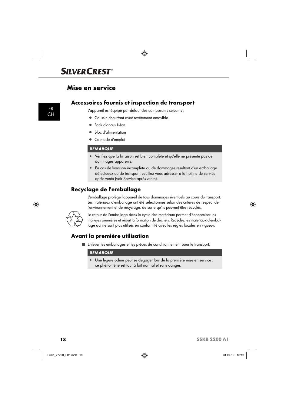 Mise en service, Accessoires fournis et inspection de transport, Recyclage de l'emballage | Avant la première utilisation, Fr ch | Silvercrest SSKB 2200 A1 User Manual | Page 21 / 64