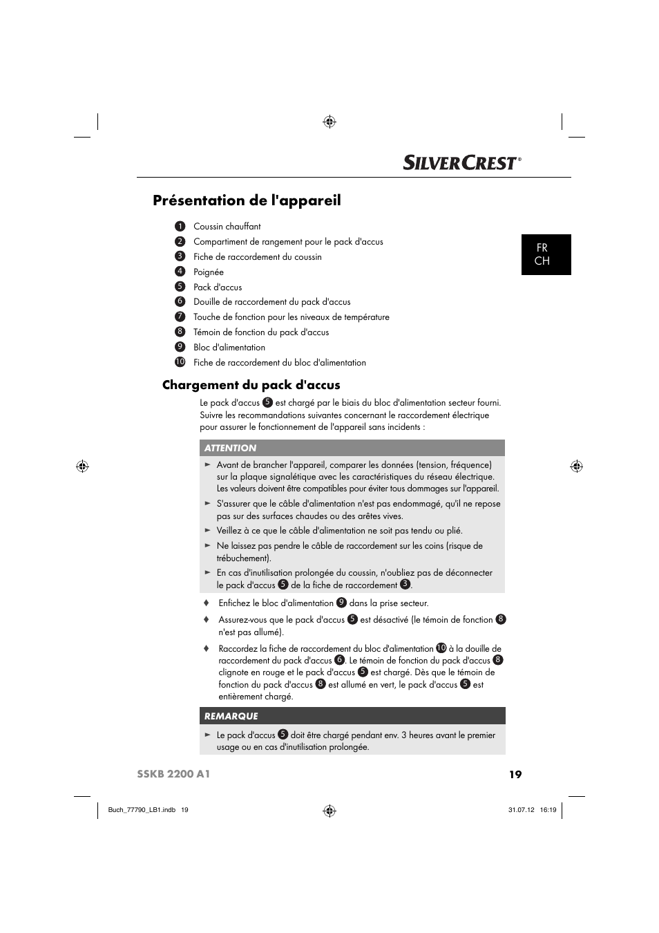 Présentation de l'appareil, Chargement du pack d'accus, Fr ch | Silvercrest SSKB 2200 A1 User Manual | Page 22 / 64