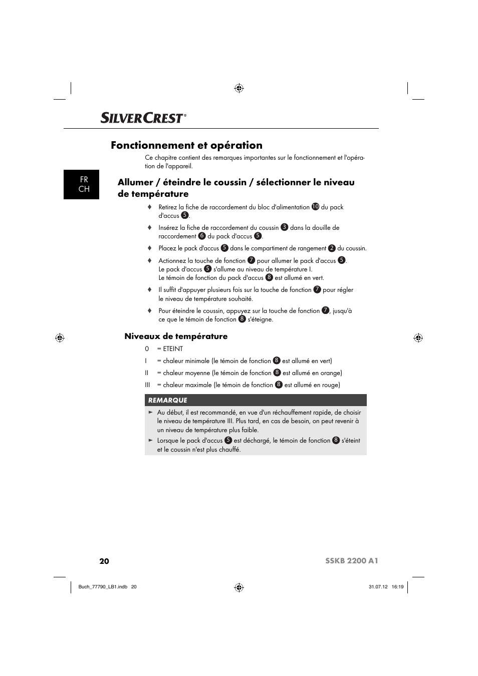 Fonctionnement et opération, Fr ch, Niveaux de température | Silvercrest SSKB 2200 A1 User Manual | Page 23 / 64