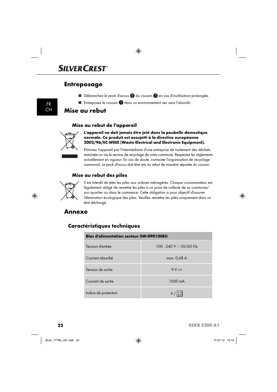 Entreposage, Mise au rebut, Annexe | Caractéristiques techniques, Fr ch, Mise au rebut de l'appareil, Mise au rebut des piles | Silvercrest SSKB 2200 A1 User Manual | Page 25 / 64