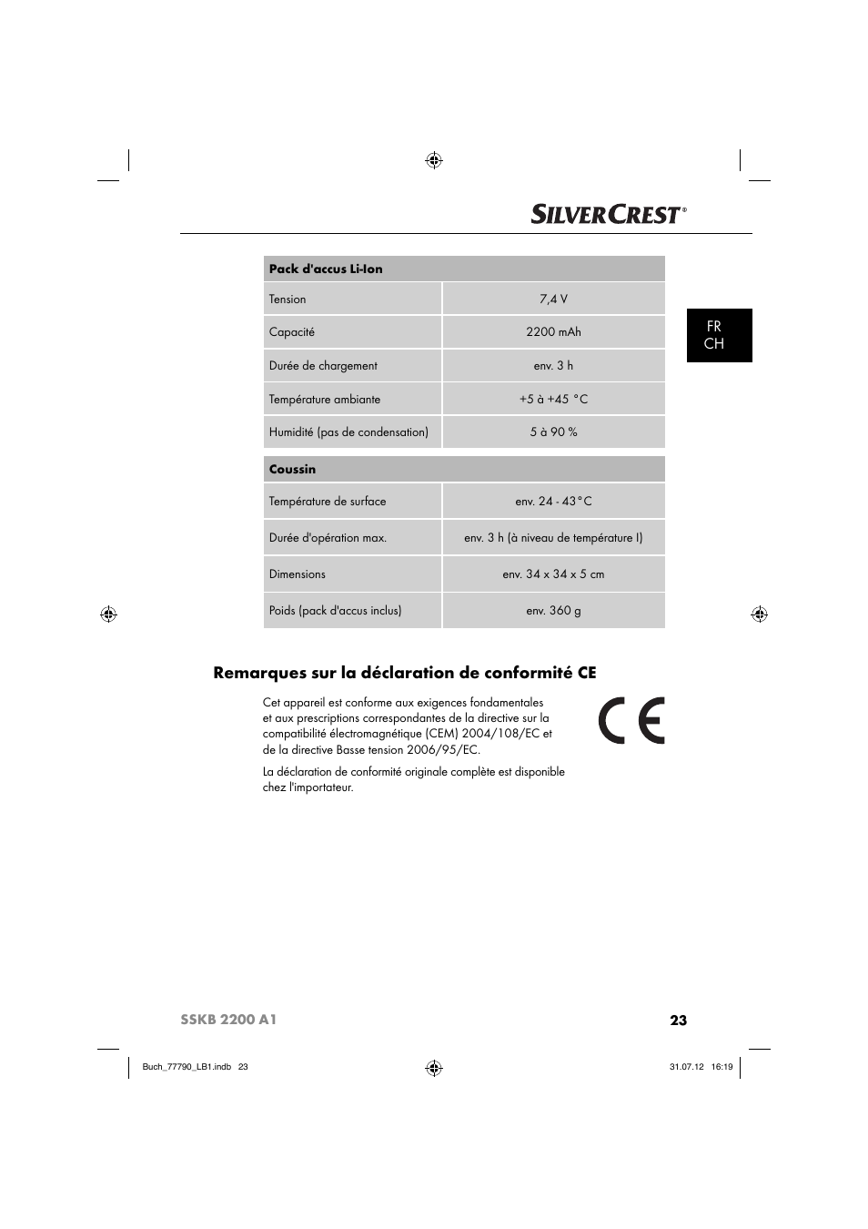 Remarques sur la déclaration de conformité ce, Fr ch | Silvercrest SSKB 2200 A1 User Manual | Page 26 / 64