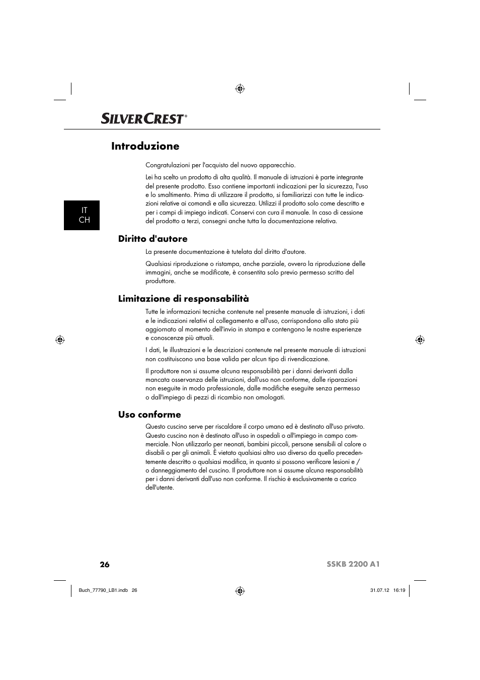 Introduzione, Diritto d'autore, Limitazione di responsabilità | Uso conforme, It ch | Silvercrest SSKB 2200 A1 User Manual | Page 29 / 64
