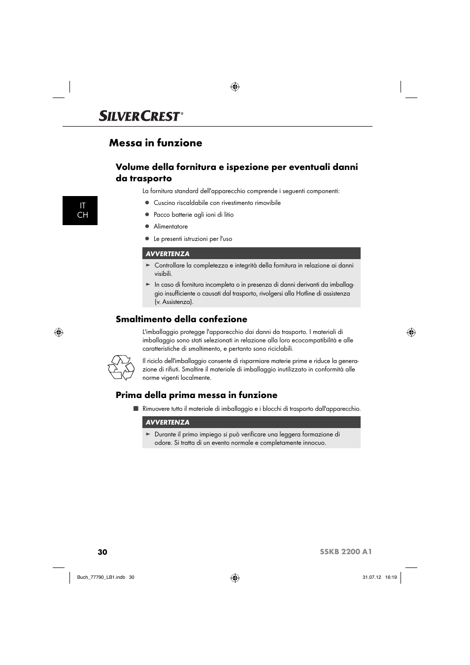Messa in funzione, Smaltimento della confezione, Prima della prima messa in funzione | It ch | Silvercrest SSKB 2200 A1 User Manual | Page 33 / 64