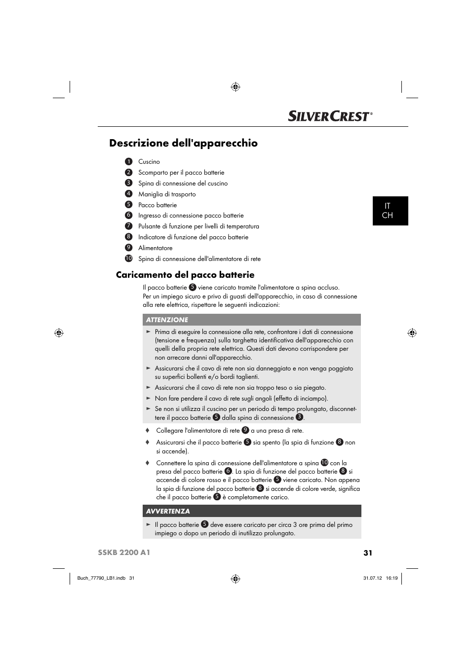 Descrizione dell'apparecchio, Caricamento del pacco batterie, It ch | Silvercrest SSKB 2200 A1 User Manual | Page 34 / 64