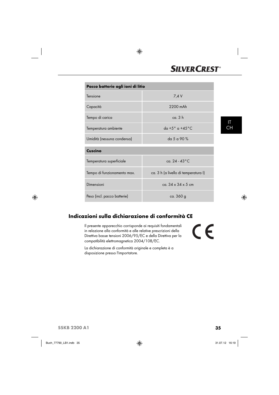 Indicazioni sulla dichiarazione di conformità ce, It ch | Silvercrest SSKB 2200 A1 User Manual | Page 38 / 64