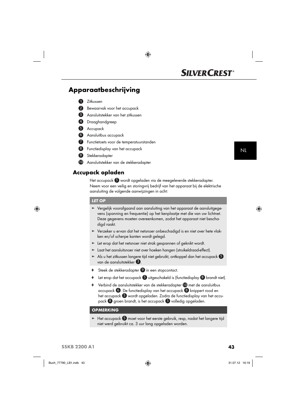 Apparaatbeschrijving, Accupack opladen | Silvercrest SSKB 2200 A1 User Manual | Page 46 / 64