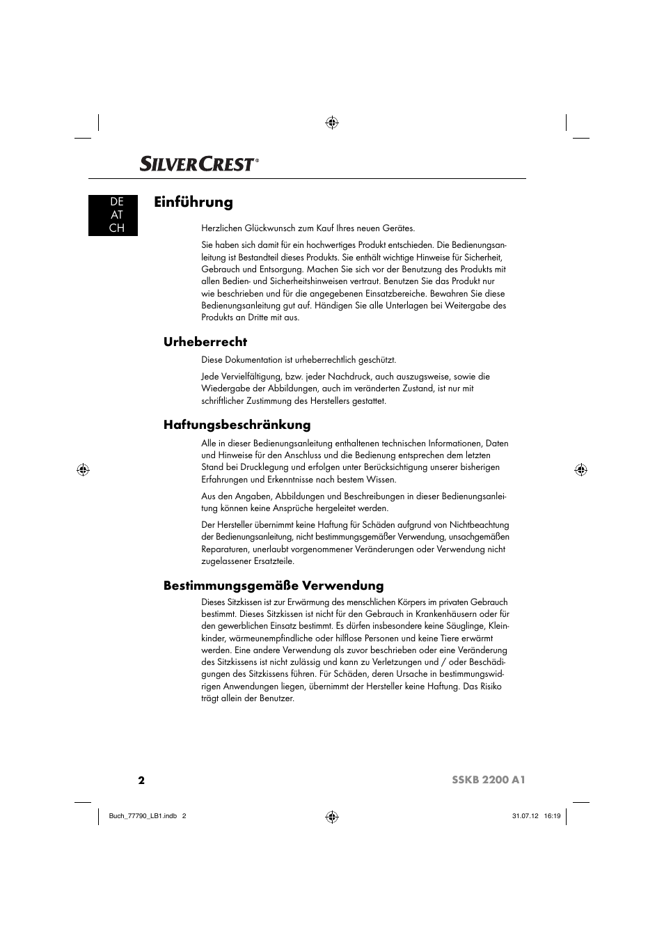 Einführung, Urheberrecht, Haftungsbeschränkung | Bestimmungsgemäße verwendung, De at ch | Silvercrest SSKB 2200 A1 User Manual | Page 5 / 64