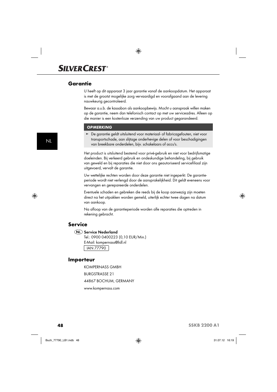 Garantie, Service, Importeur | Silvercrest SSKB 2200 A1 User Manual | Page 51 / 64