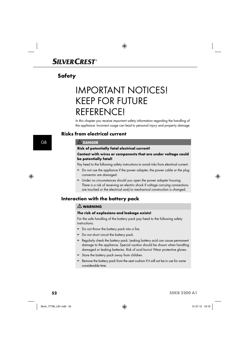 Important notices! keep for future reference, Safety, Risks from electrical current | Interaction with the battery pack | Silvercrest SSKB 2200 A1 User Manual | Page 55 / 64