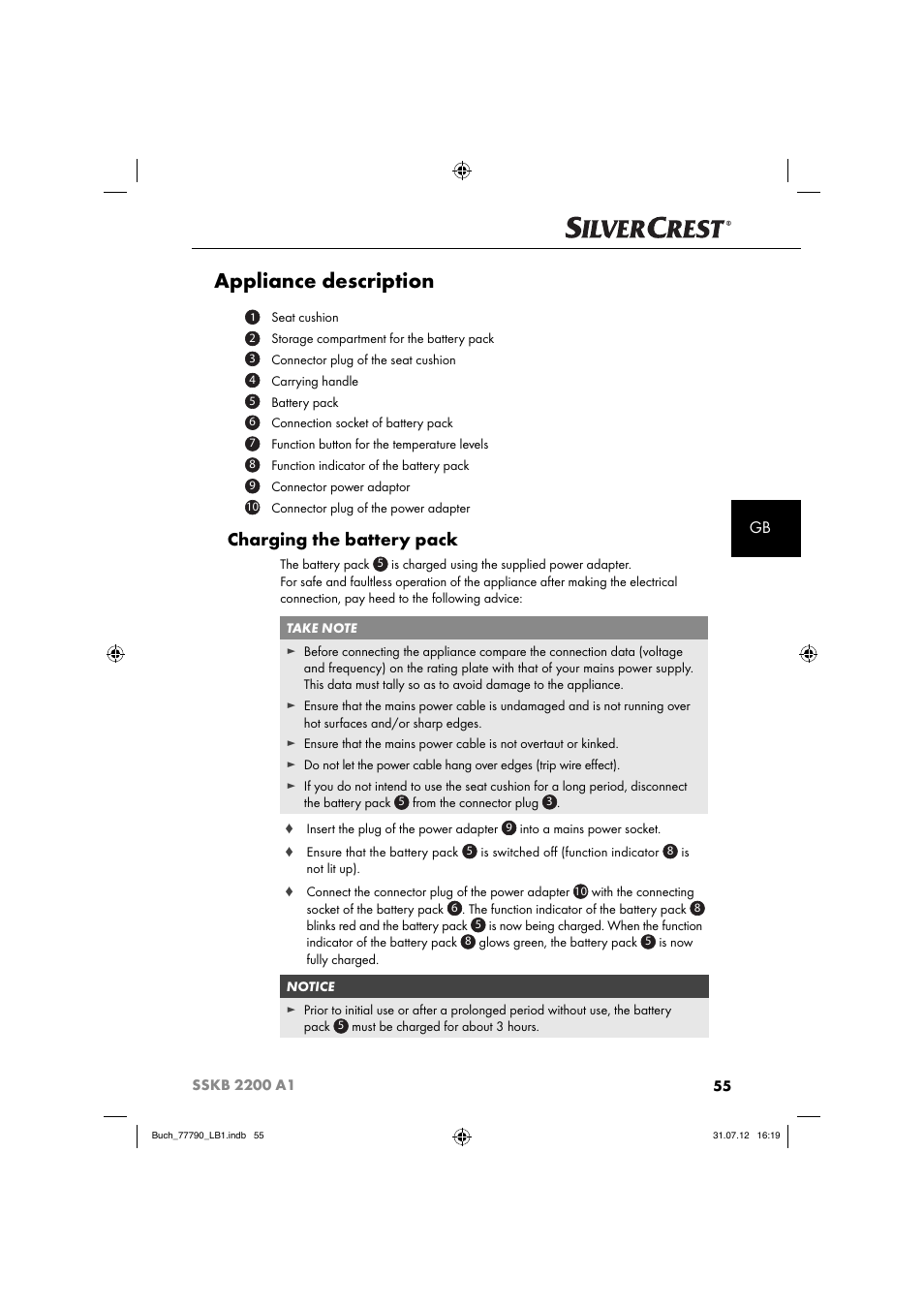 Appliance description, Charging the battery pack | Silvercrest SSKB 2200 A1 User Manual | Page 58 / 64