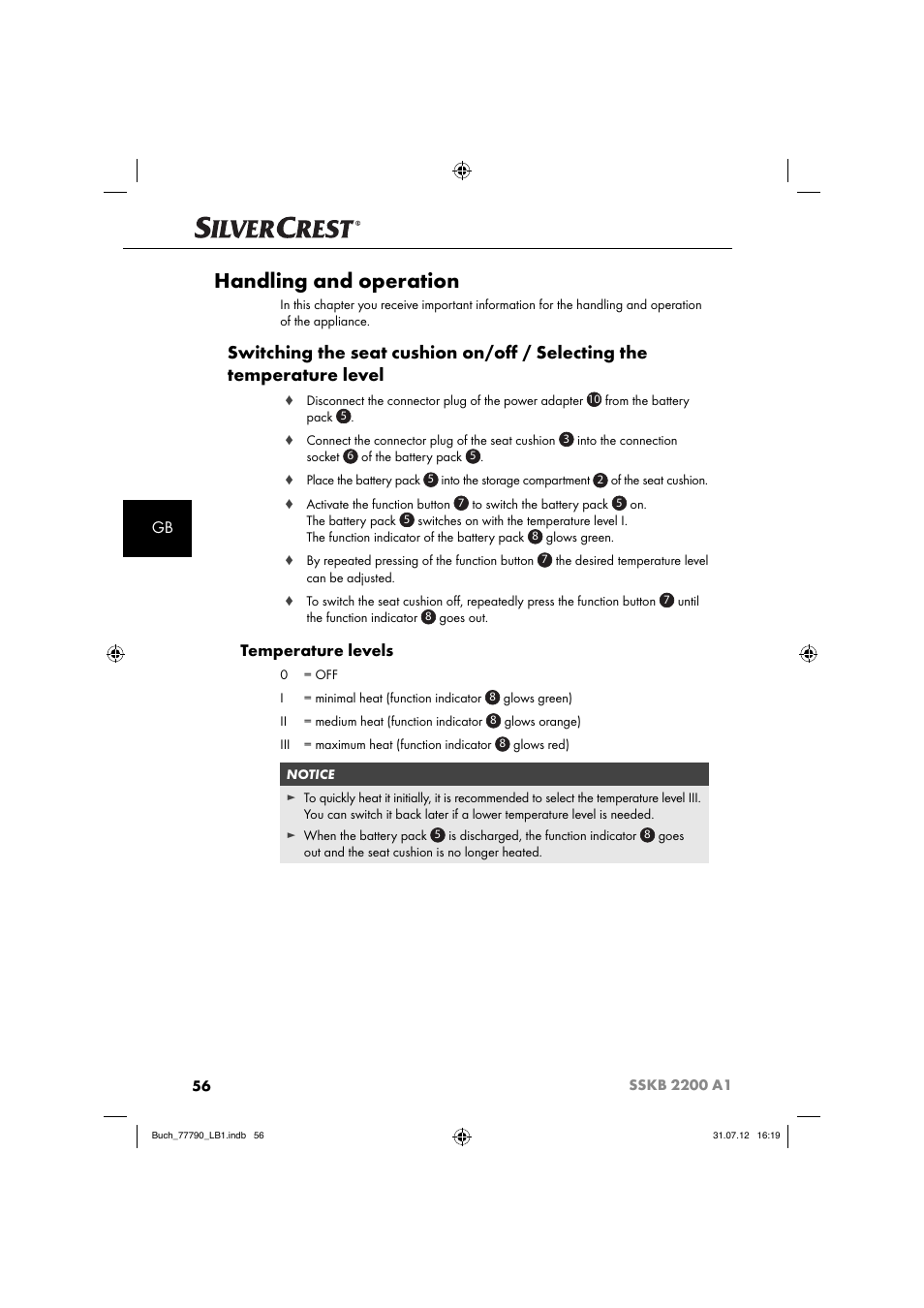 Handling and operation, Temperature levels | Silvercrest SSKB 2200 A1 User Manual | Page 59 / 64