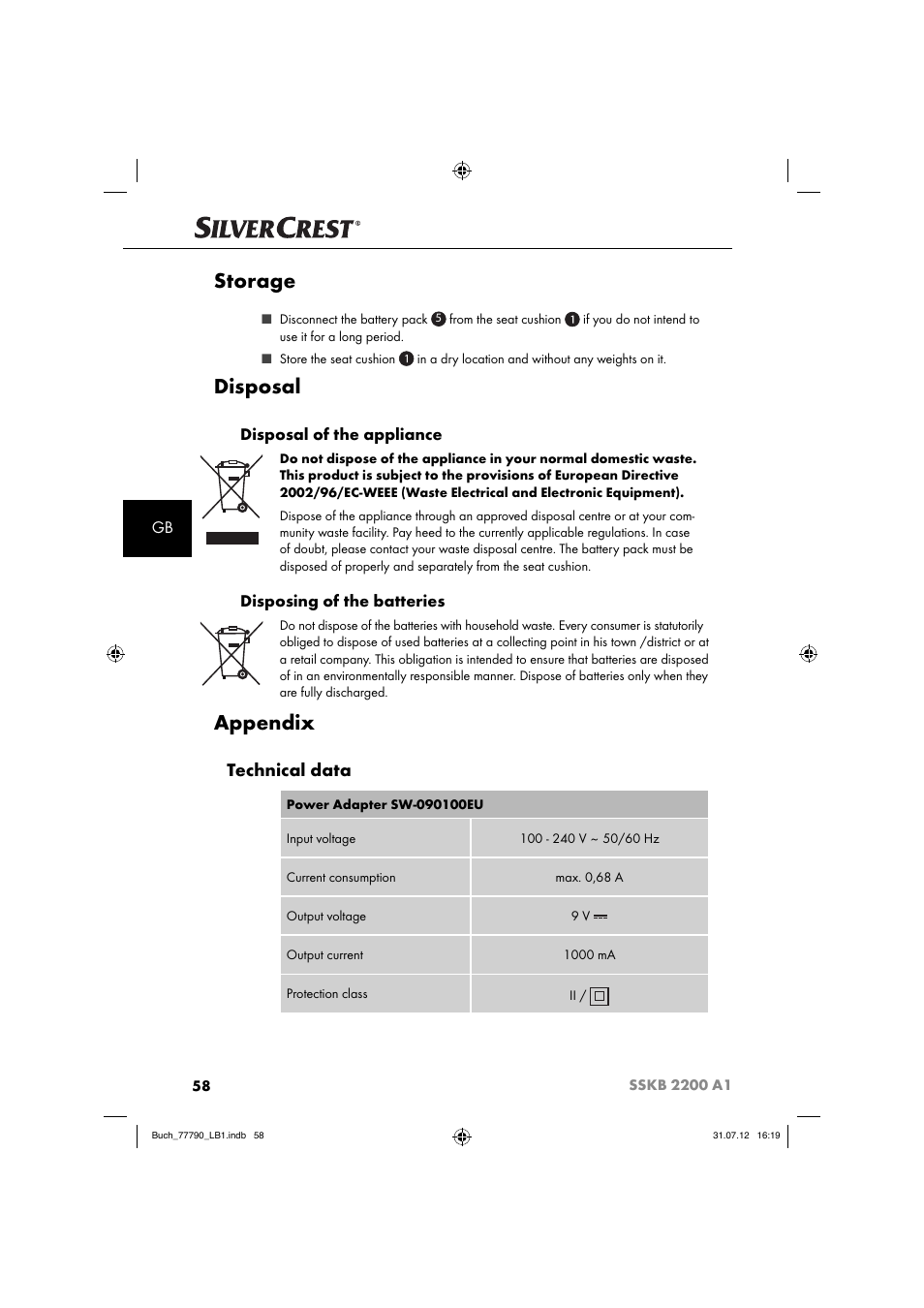 Storage, Disposal, Appendix | Technical data, Disposal of the appliance, Disposing of the batteries | Silvercrest SSKB 2200 A1 User Manual | Page 61 / 64