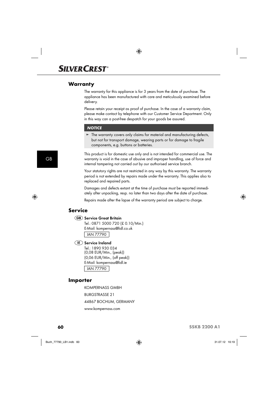 Warranty, Service, Importer | Silvercrest SSKB 2200 A1 User Manual | Page 63 / 64