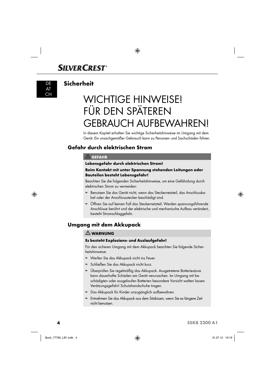 Sicherheit, Gefahr durch elektrischen strom, Umgang mit dem akkupack | De at ch | Silvercrest SSKB 2200 A1 User Manual | Page 7 / 64