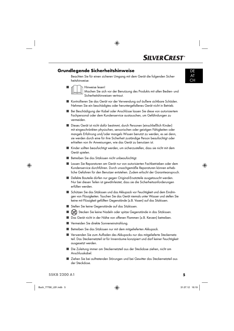 Grundlegende sicherheitshinweise, De at ch | Silvercrest SSKB 2200 A1 User Manual | Page 8 / 64
