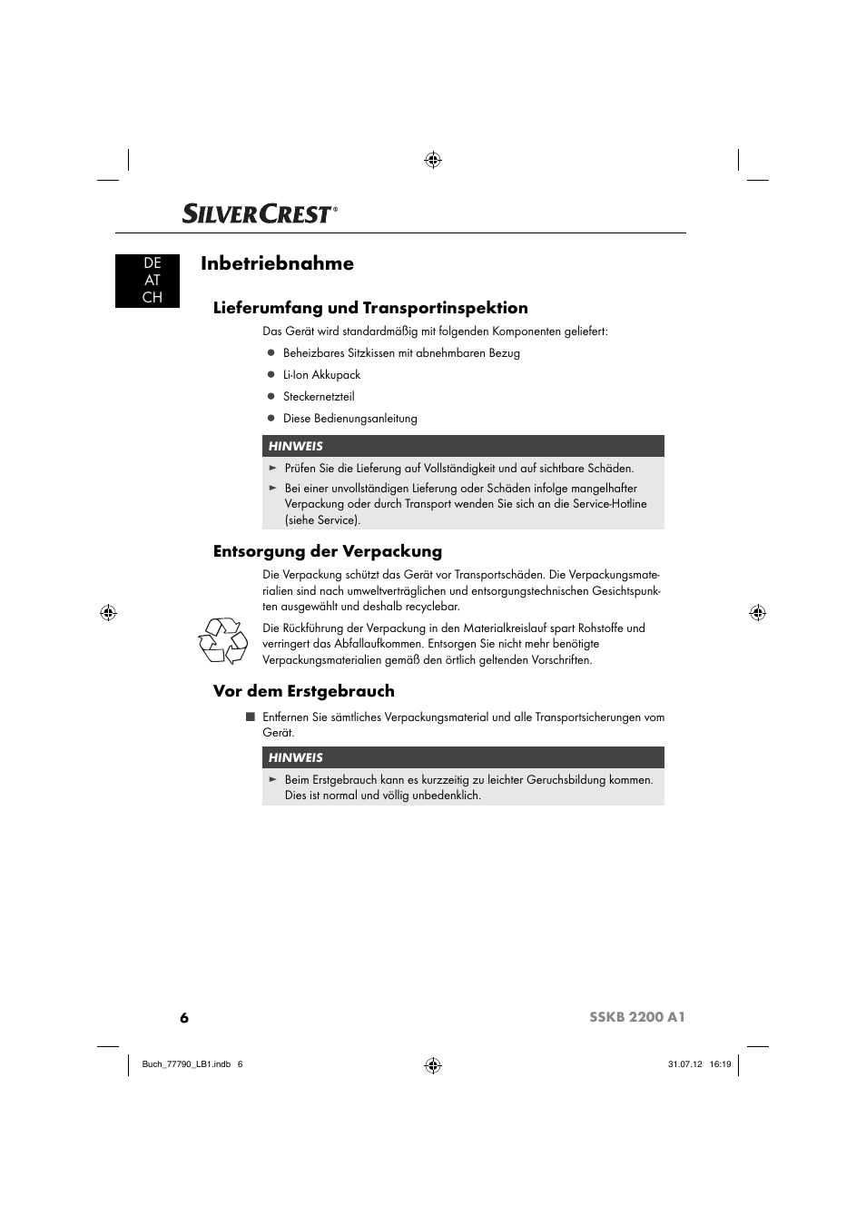 Inbetriebnahme, Lieferumfang und transportinspektion, Entsorgung der verpackung | Vor dem erstgebrauch, De at ch | Silvercrest SSKB 2200 A1 User Manual | Page 9 / 64