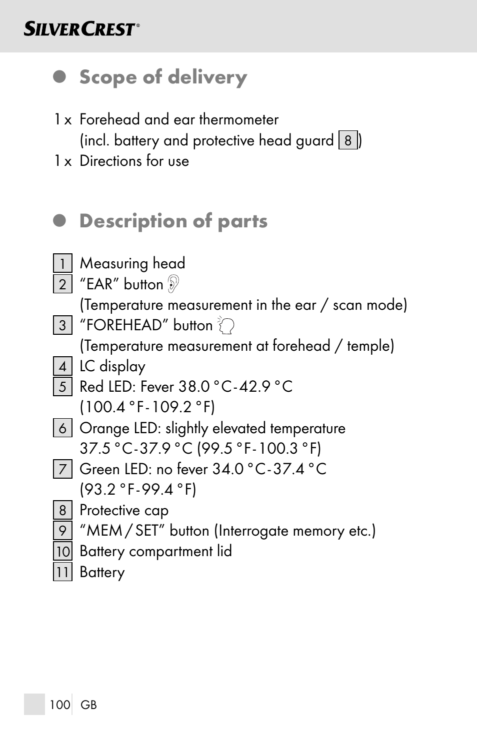 Scope of delivery, Description of parts | Silvercrest SSOT 6 B2 User Manual | Page 100 / 125
