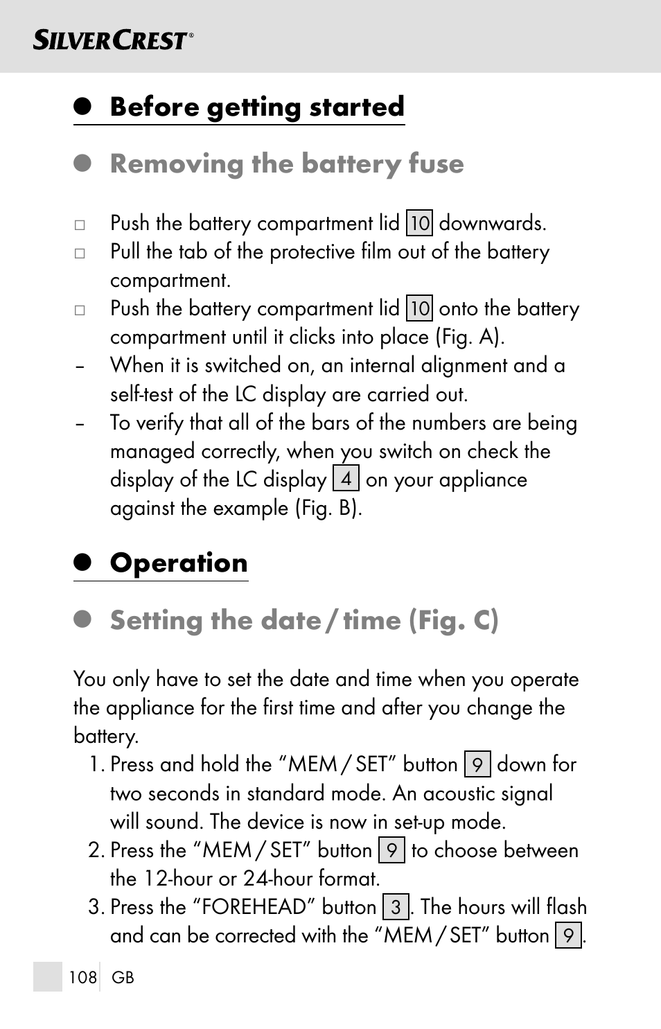 Before getting started, Removing the battery fuse, Operation | Setting the date / time (fig. c) | Silvercrest SSOT 6 B2 User Manual | Page 108 / 125