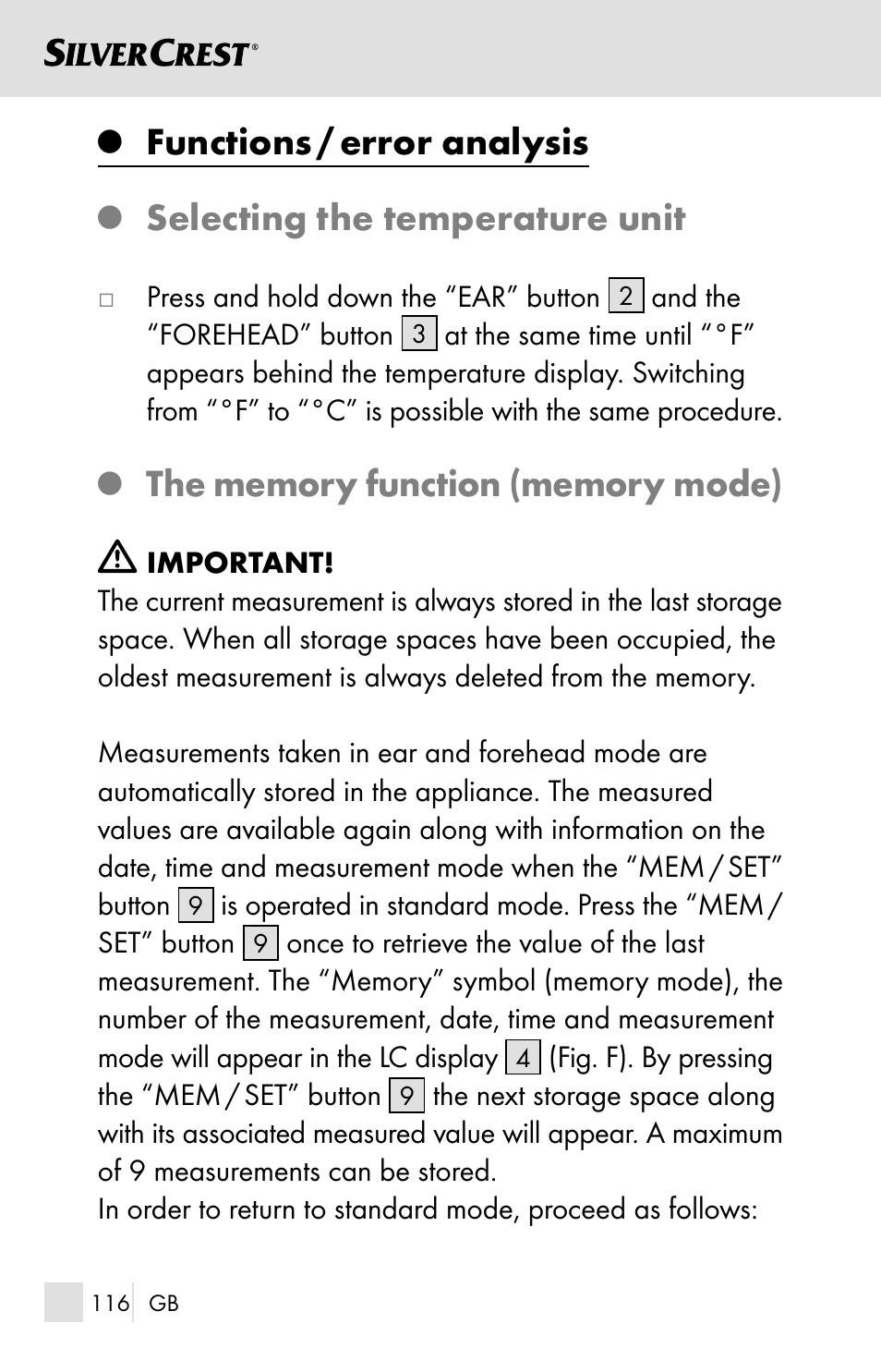 Functions / error analysis, Selecting the temperature unit | Silvercrest SSOT 6 B2 User Manual | Page 116 / 125