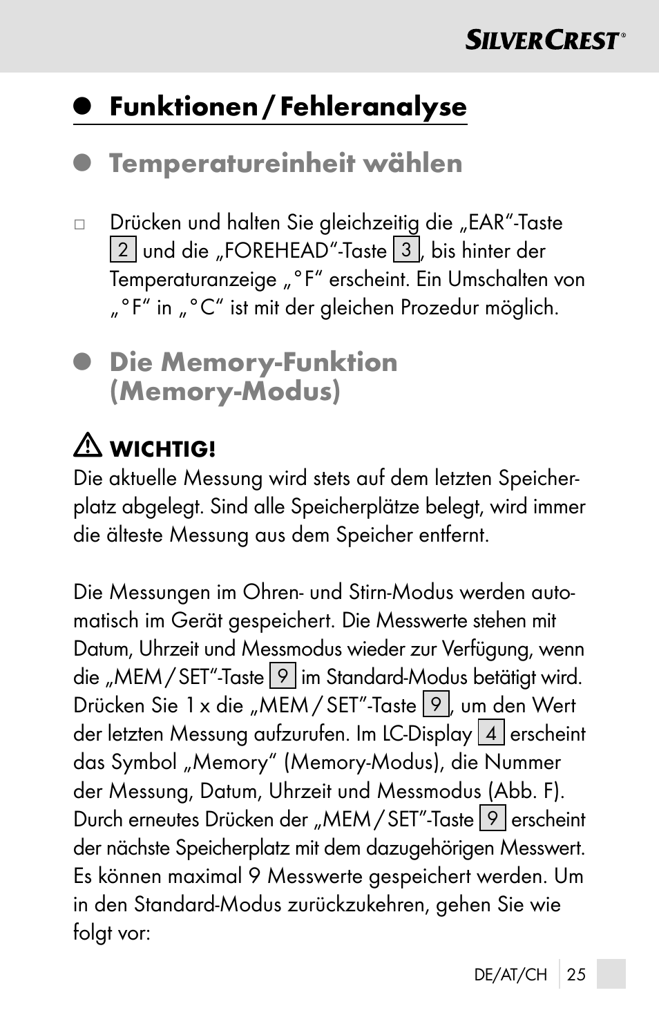 Funktionen / fehleranalyse, Temperatureinheit wählen | Silvercrest SSOT 6 B2 User Manual | Page 25 / 125