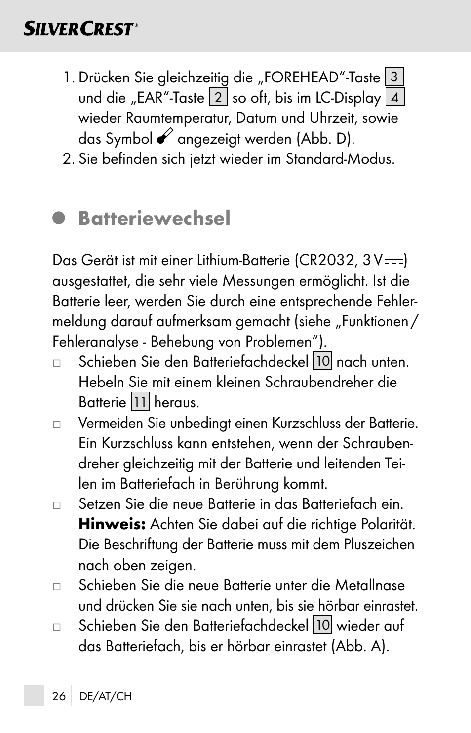 Batteriewechsel | Silvercrest SSOT 6 B2 User Manual | Page 26 / 125