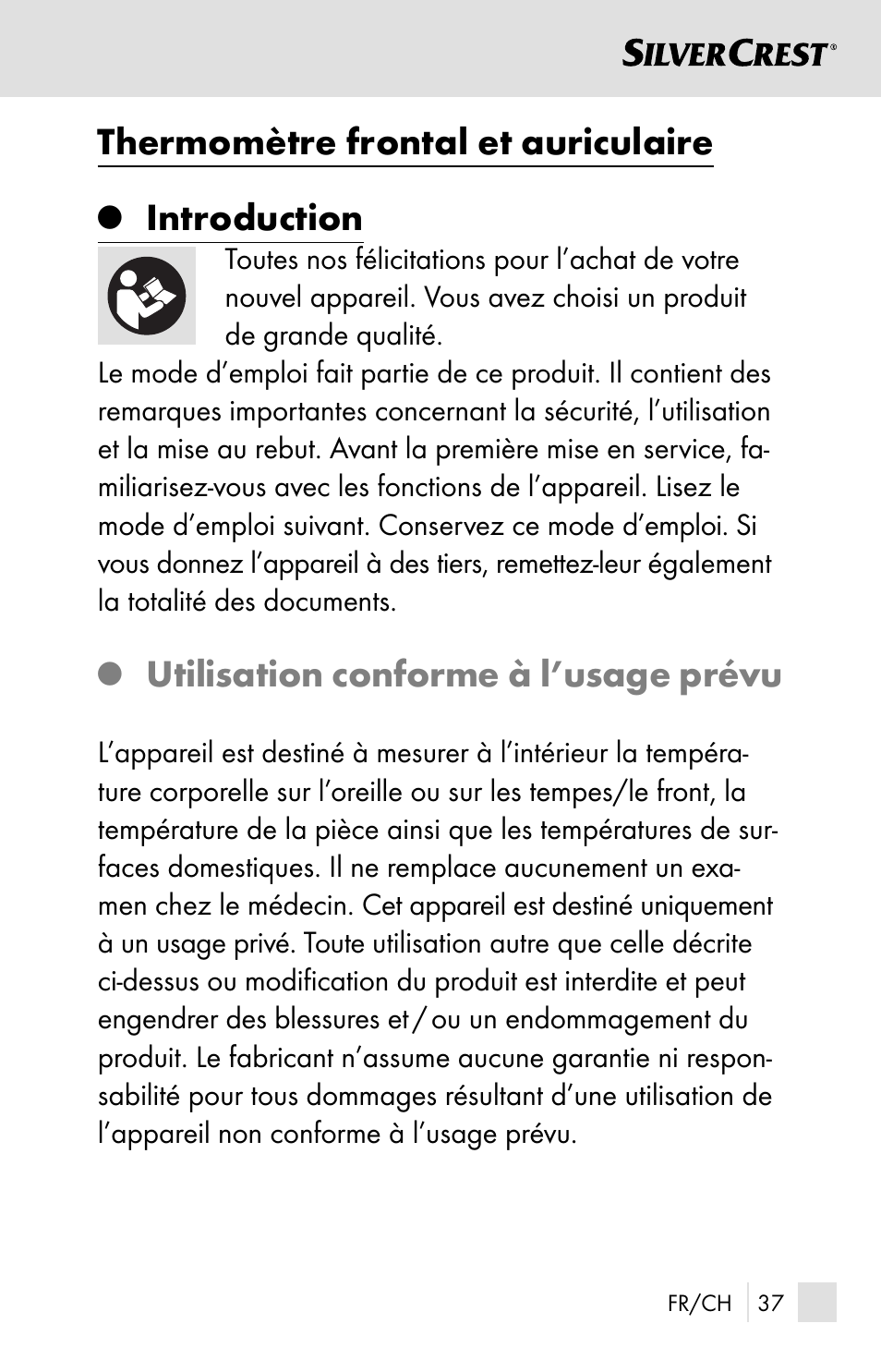 Thermomètre frontal et auriculaire, Introduction, Utilisation conforme à l’usage prévu | Silvercrest SSOT 6 B2 User Manual | Page 37 / 125